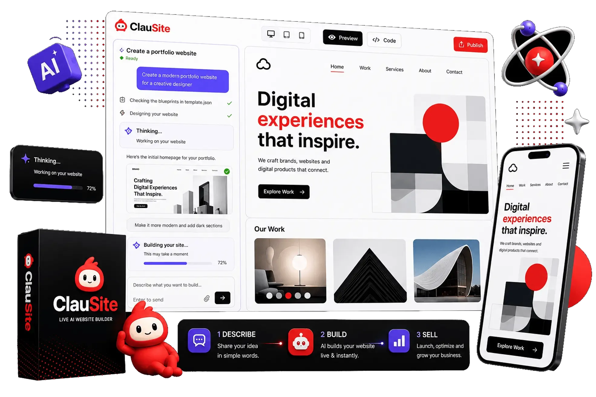 ClauSite review product showcase — LIVE AI website builder dashboard