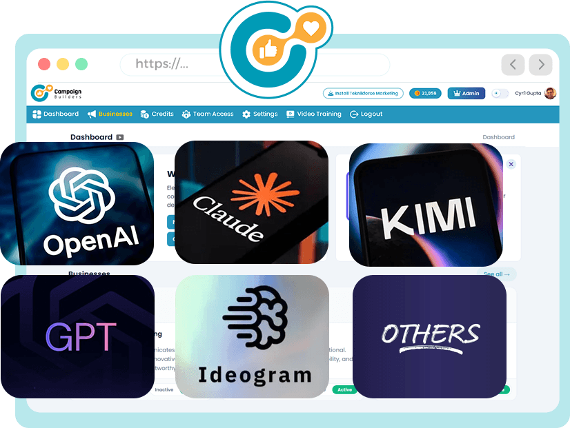 CampaignBuilders Review dashboard screenshot showing connected business campaign cards