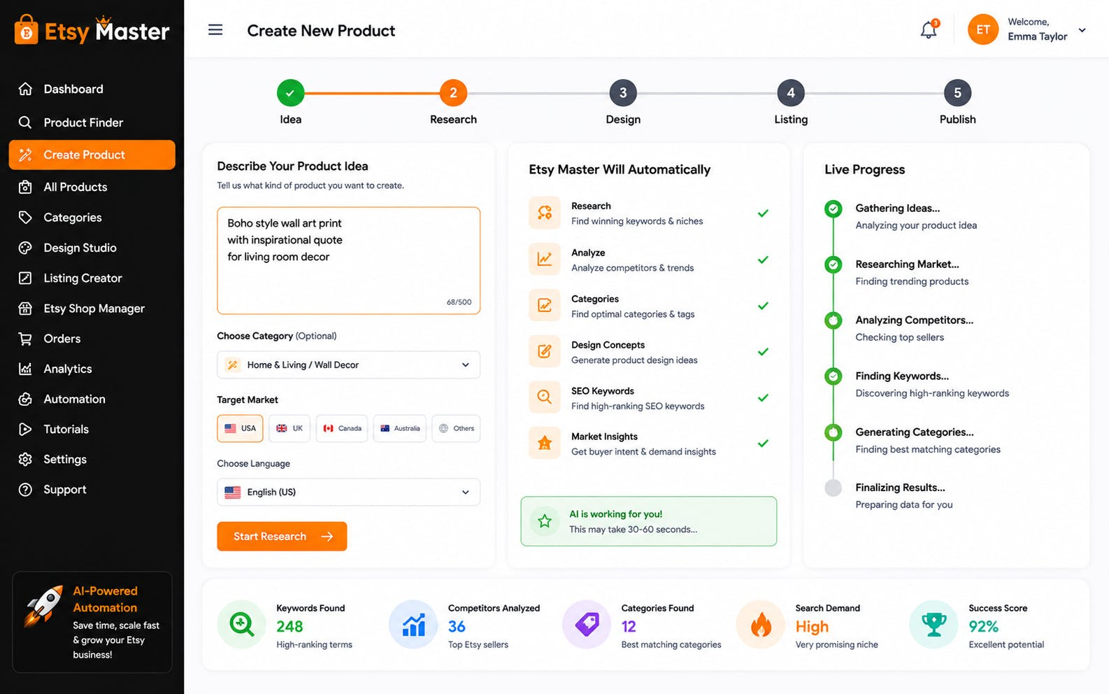 Etsy Master review β professional AI-generated Etsy designs and mockups created in minutes