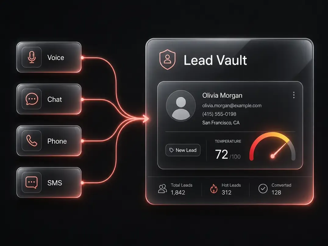 Agentic Affiliate Review — four-lane bridge diagram showing voice, chat, phone and SMS lanes feeding one lead record