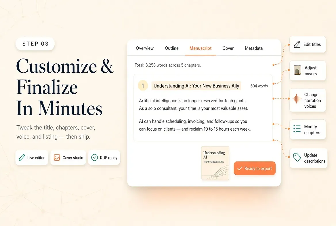 ClaudBook OS Step 3 — Customize and finalize your book in minutes