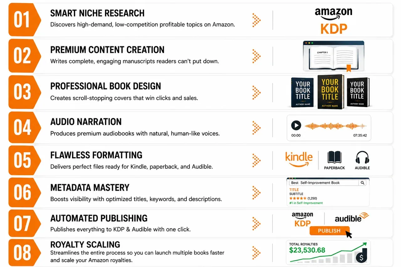 ClaudBook OS one-click publishing to Amazon KDP and Audible from one keyword input