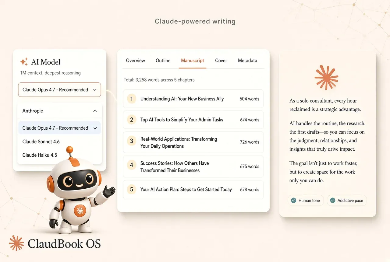 Claude-powered writing that feels human and addictive — ClaudBook OS manuscript generation engine