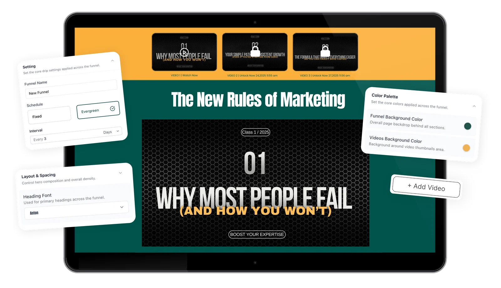 Unfold Video review dashboard funnel builder with drop schedule and locked episodes