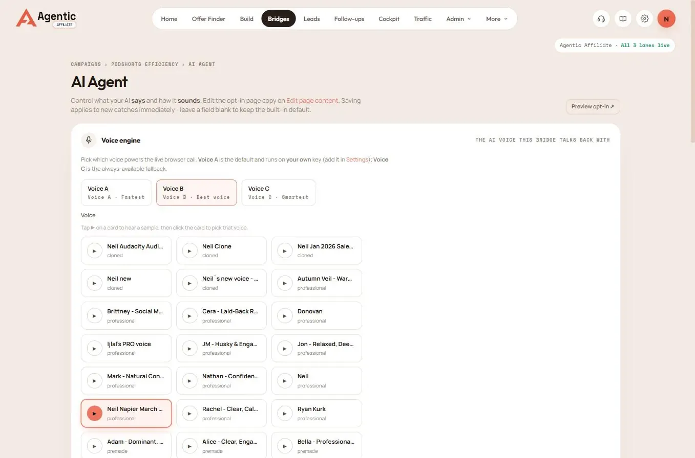 Agentic Affiliate Review — AI voice agent settings with persona, greeting and voice library