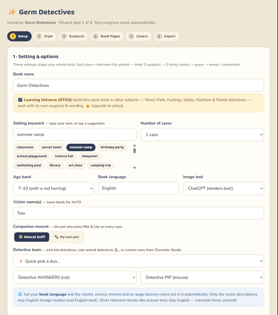 Germ Detectives Studio review wizard setup screen screenshot