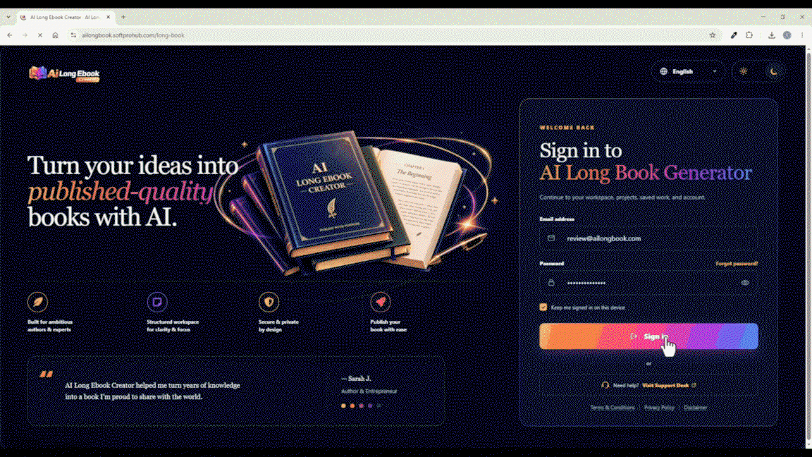 AI Long Ebook Creator demo gif — long-form book engine generating full chapters