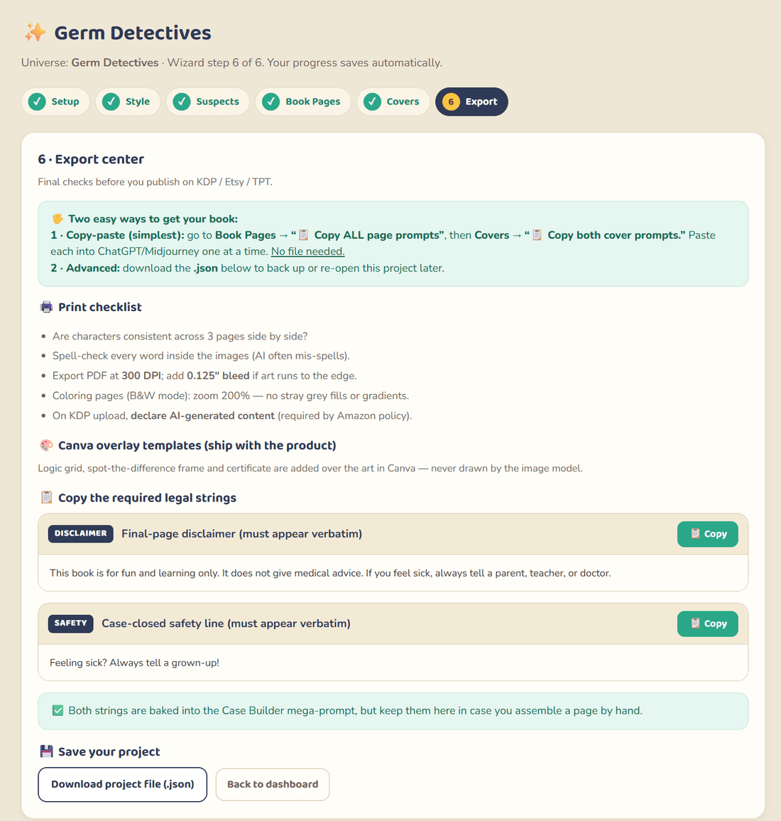 Germ Detectives Studio review export and publish screen