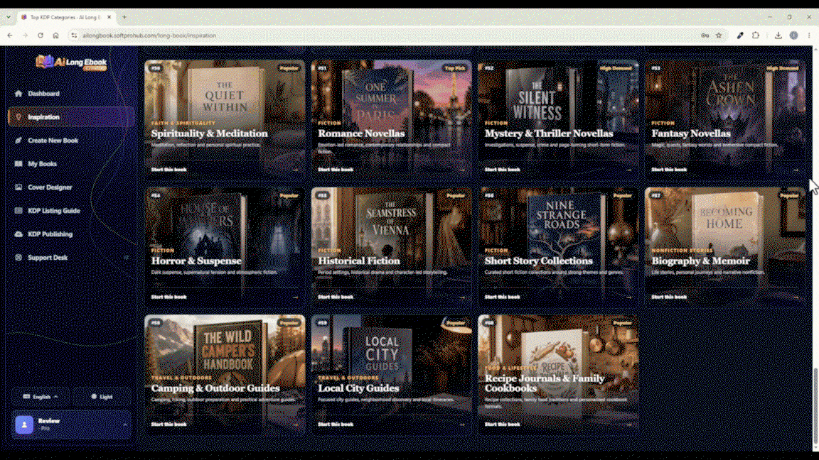 AI ebook creator software export screen — EPUB, PDF and DOCX generated in one click