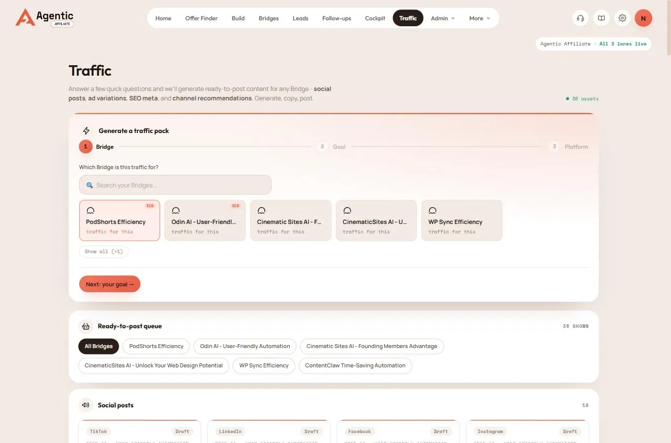 Agentic Affiliate Review — Traffic Pack generator producing posts, ads and emails for the specific offer