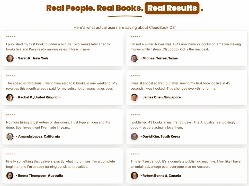 Real ClaudBook OS customer reviews and feedback from named beta users Sarah, Michael, and Daniel