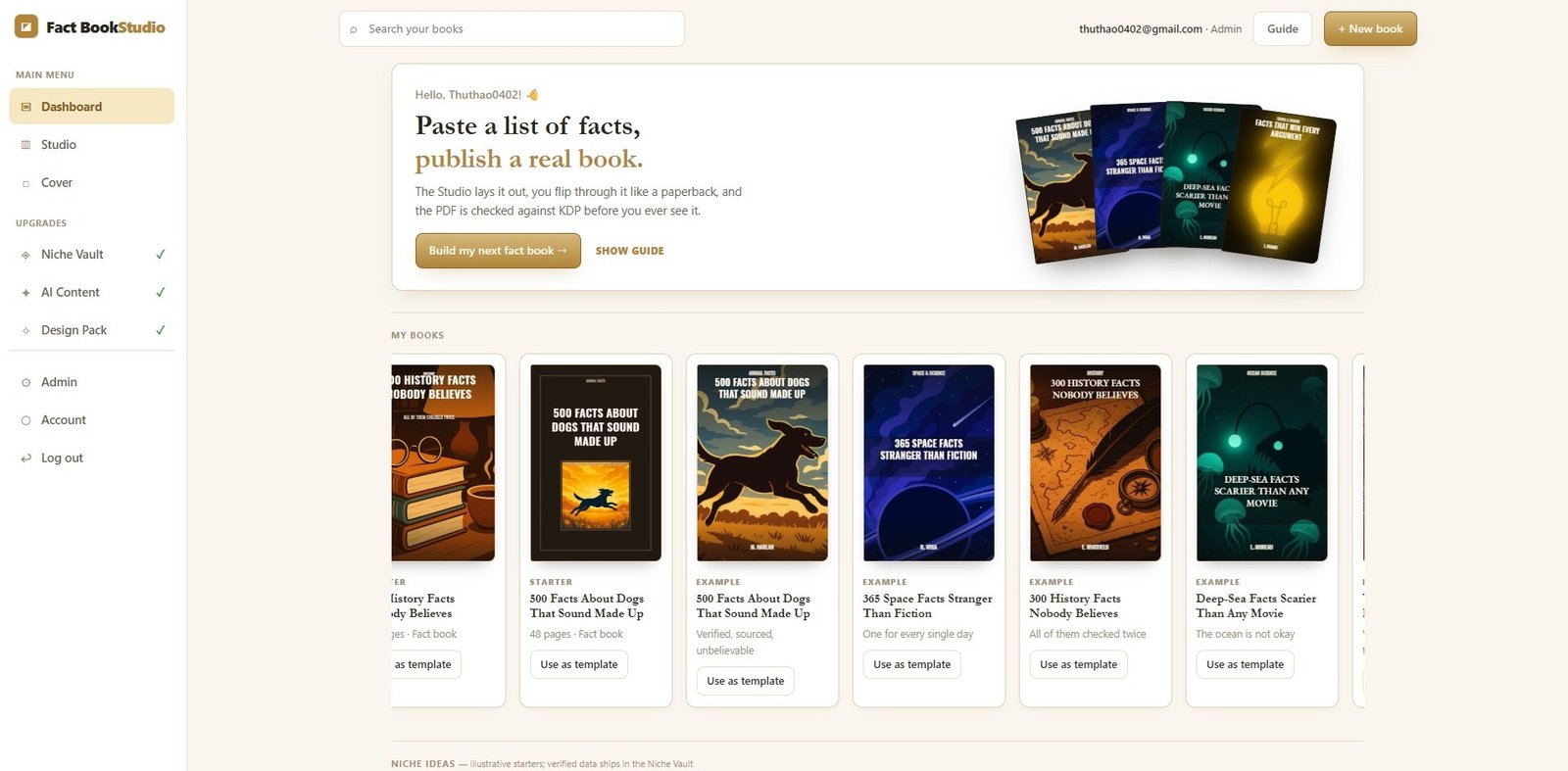 Fact Book Studio review dashboard library screenshot