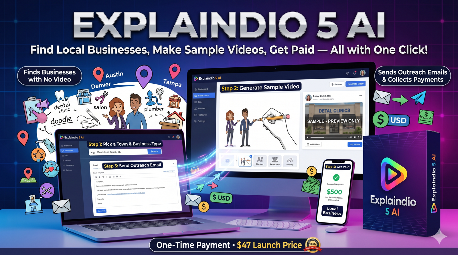 Explaindio 5 AI Review hero graphic showing the local business video prospecting and animated explainer studio
