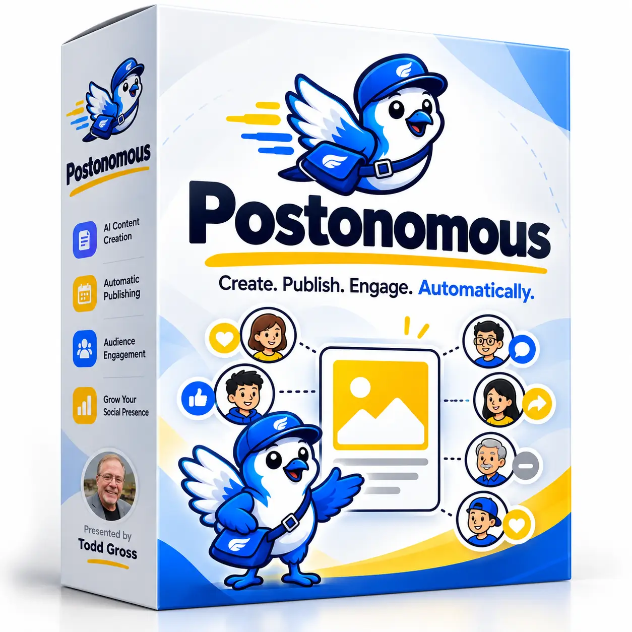Postonomous Review hero graphic showcasing the AI social media creation, WinScore simulator, and multi-channel video publishing platform