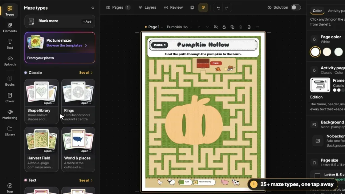 Zigzaggle Studio Types tab showing 25+ maze categories and ready-made starter templates