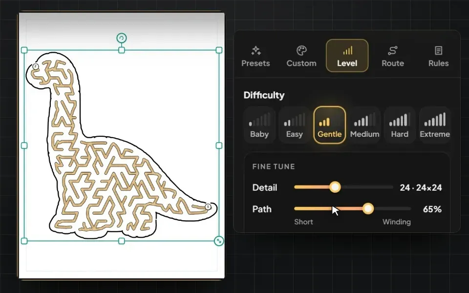 Zigzaggle difficulty level slider adjusting maze complexity from Baby to Extreme