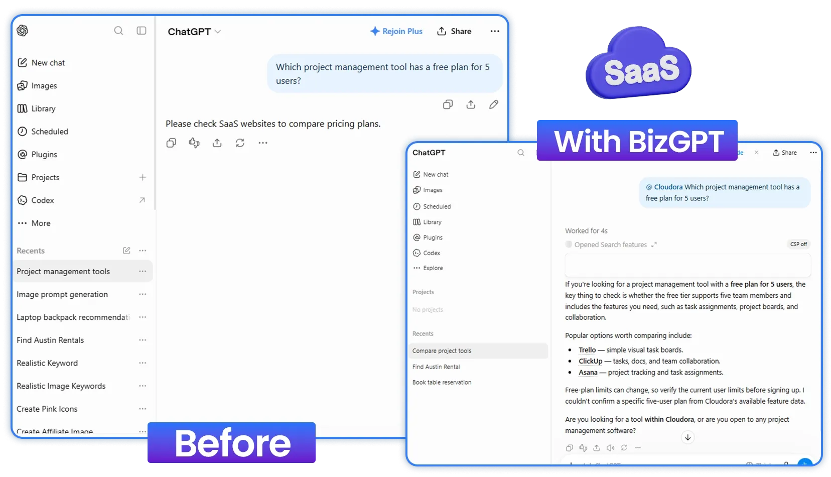 BizInGPT SaaS plugin example comparing software plans side by side and linking to demo booking inside ChatGPT