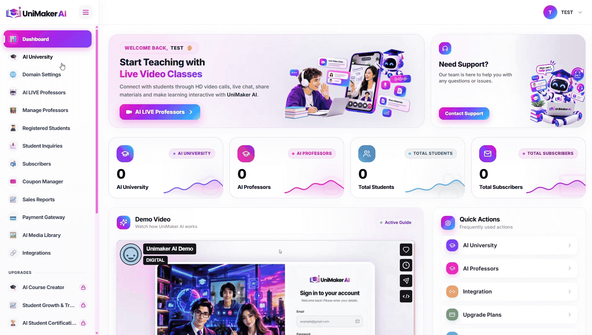 Live interactive voice call and real-time transcript with an AI Professor inside UniMaker AI