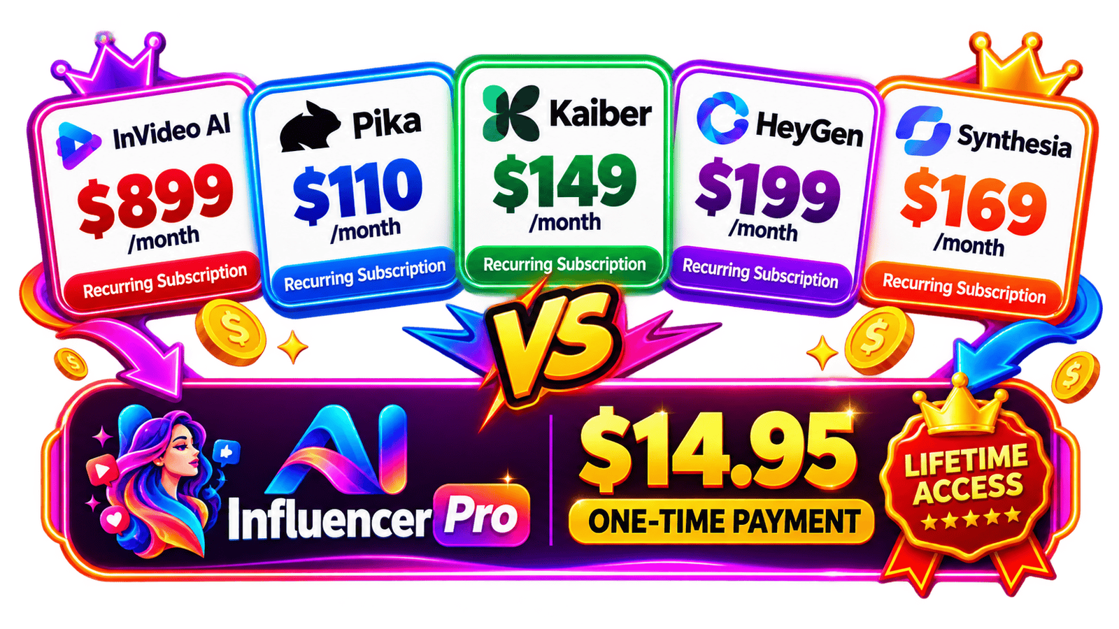 AI subscription costs versus the AI Influencer Pro one-time lifetime deal launch offer