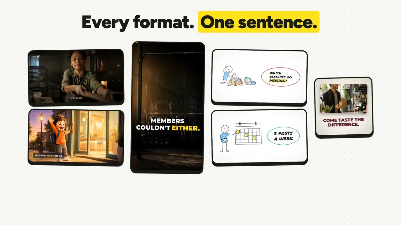 Postonomous long-form 16:9 video creation studio showing multi-scene documentary, whiteboard explainer, and animated storybook styles