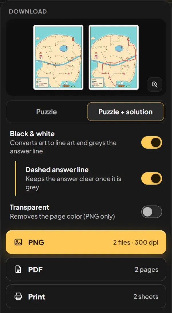 Zigzaggle pre-print Review drawer checking tunnel widths, margins, and answer paths