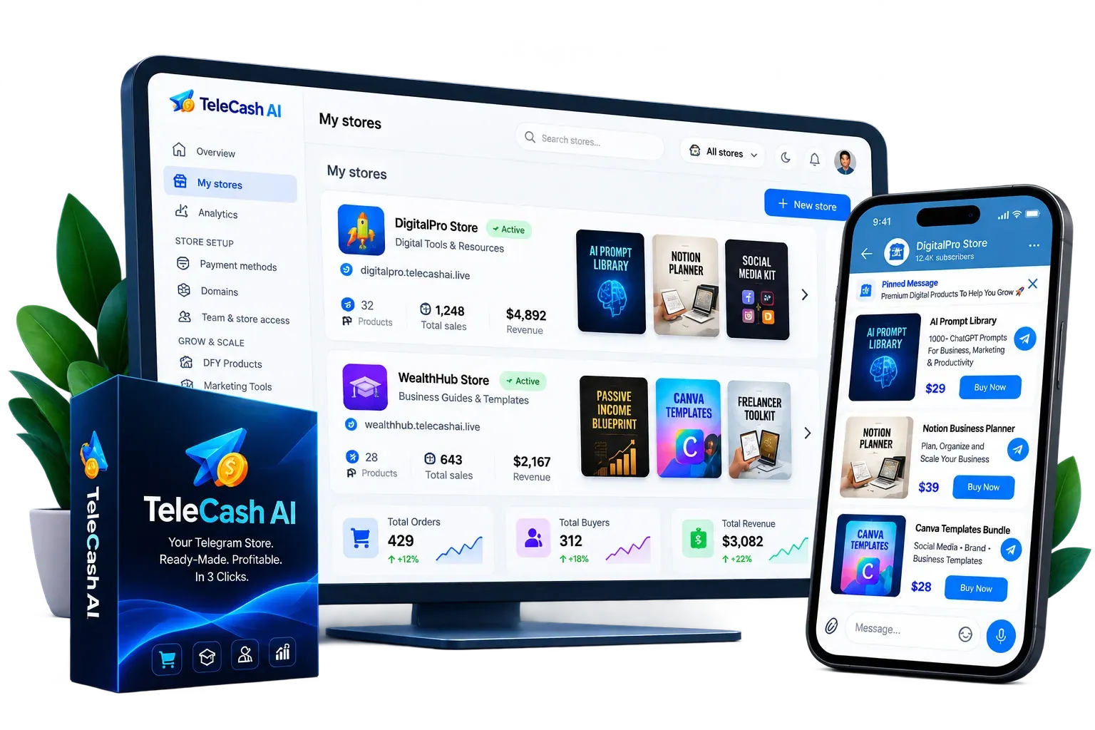 TeleCash AI software box and dashboard showing a ready-made Telegram store with pre-loaded digital products