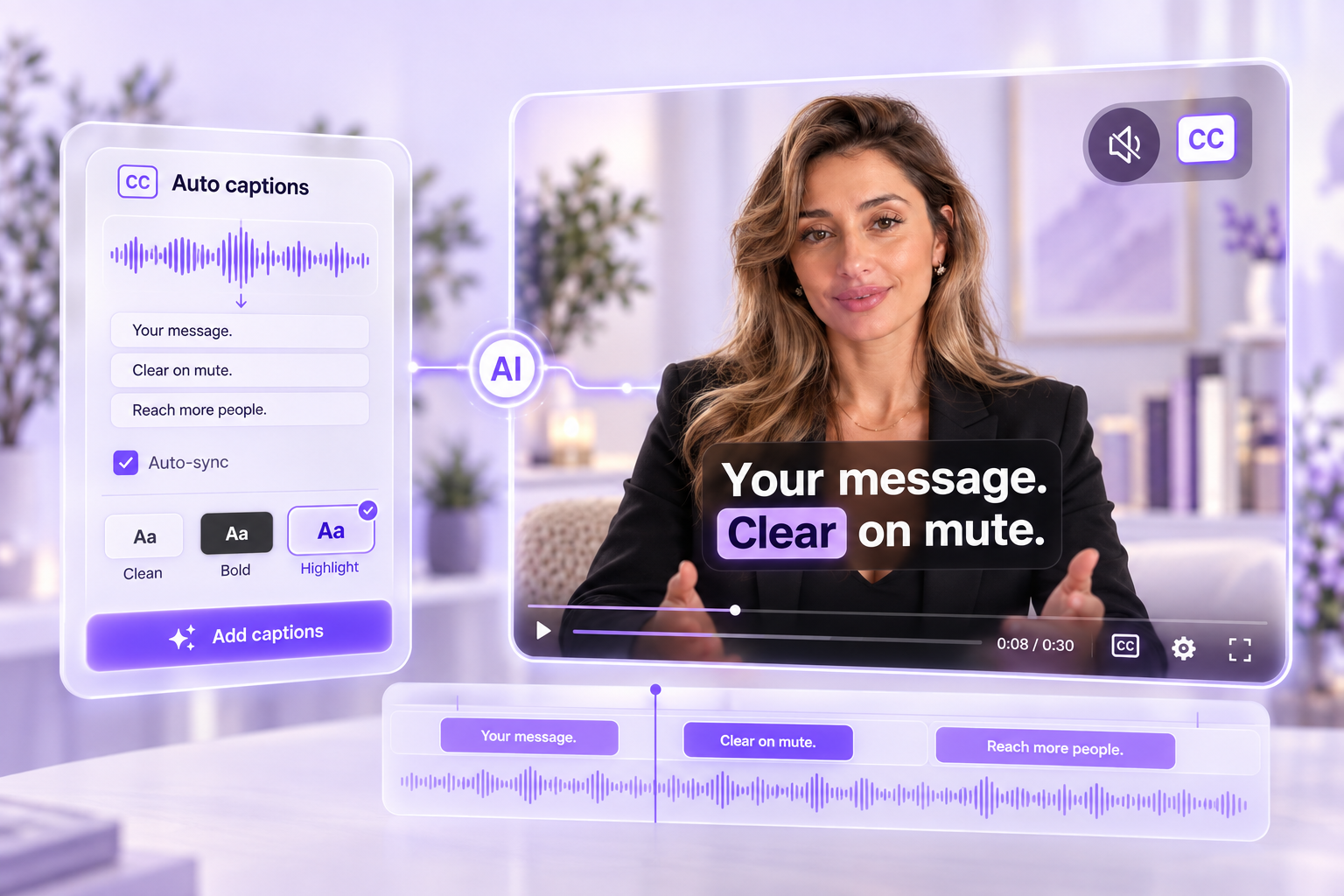 TwinClips AI automatic captions for sound-off mobile viewing