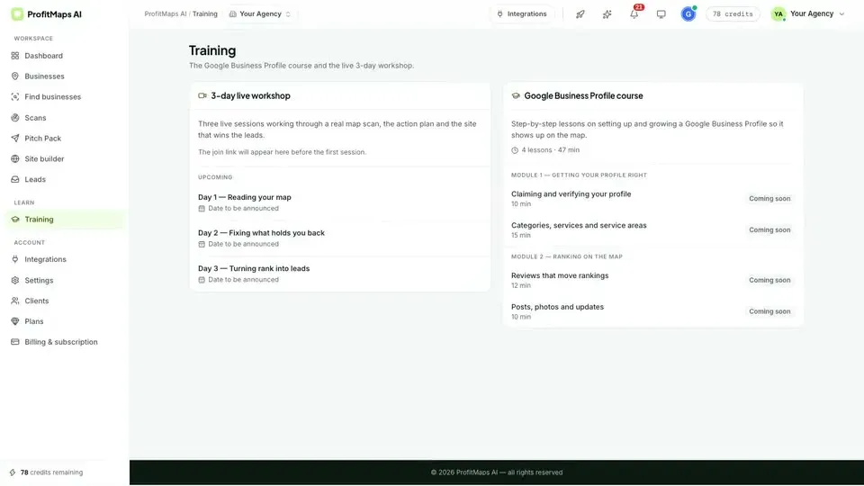 ProfitMaps AI internal Training page showing the 3-Day Live Workshop and Google Business Profile course modules