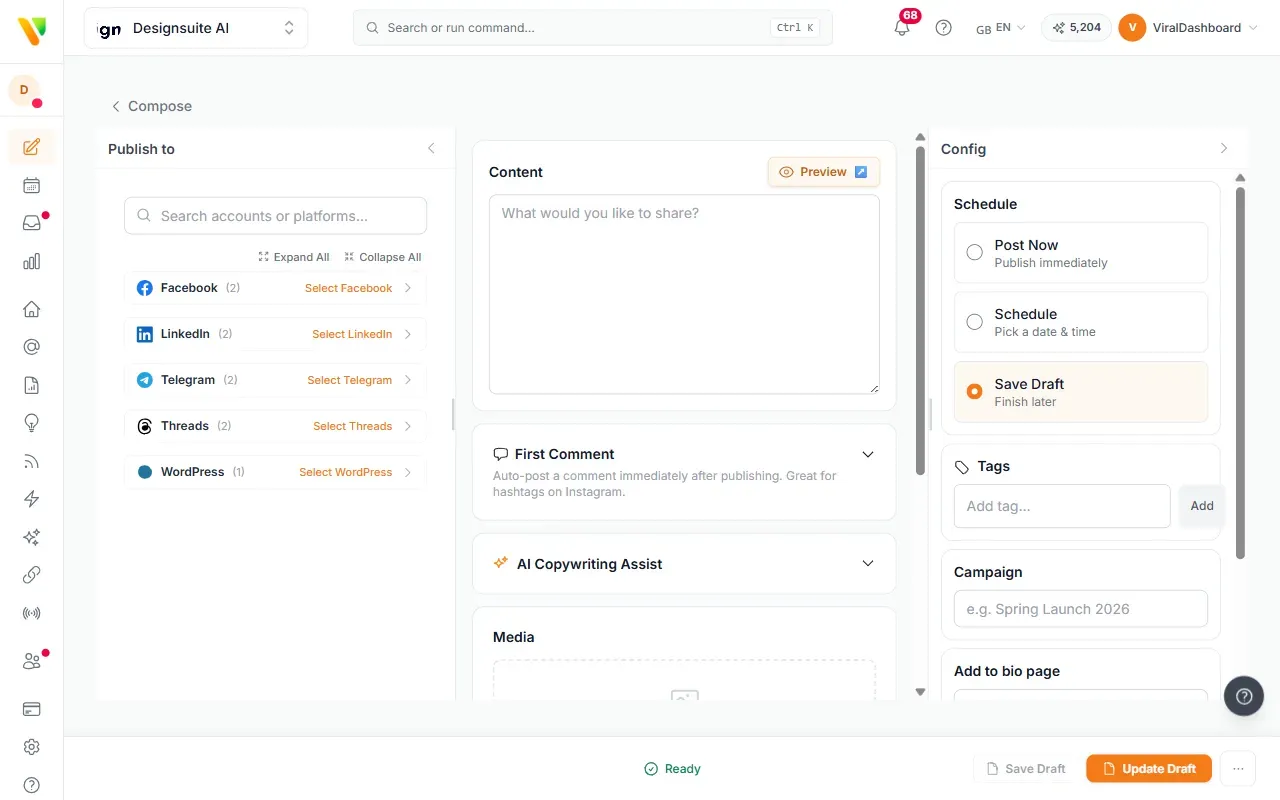 ViralDashboard Multi-Platform Composer interface with AI captions and network previews