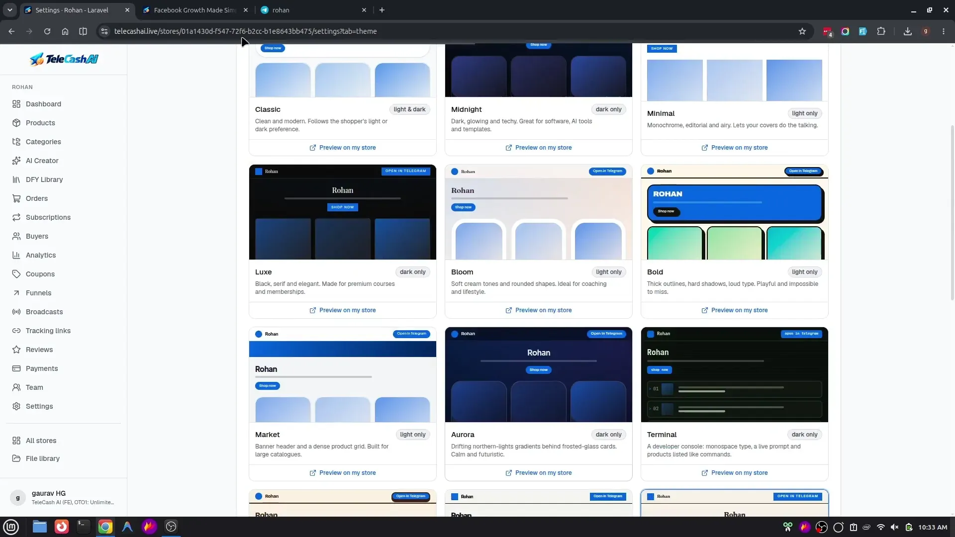 TeleCash AI dashboard showing store setup steps, product library and sales analytics