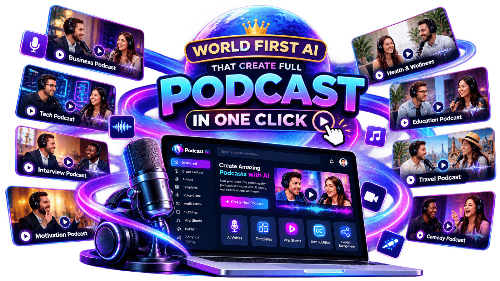 Podcast AI promotional graphic showing the AI podcast video creation workflow