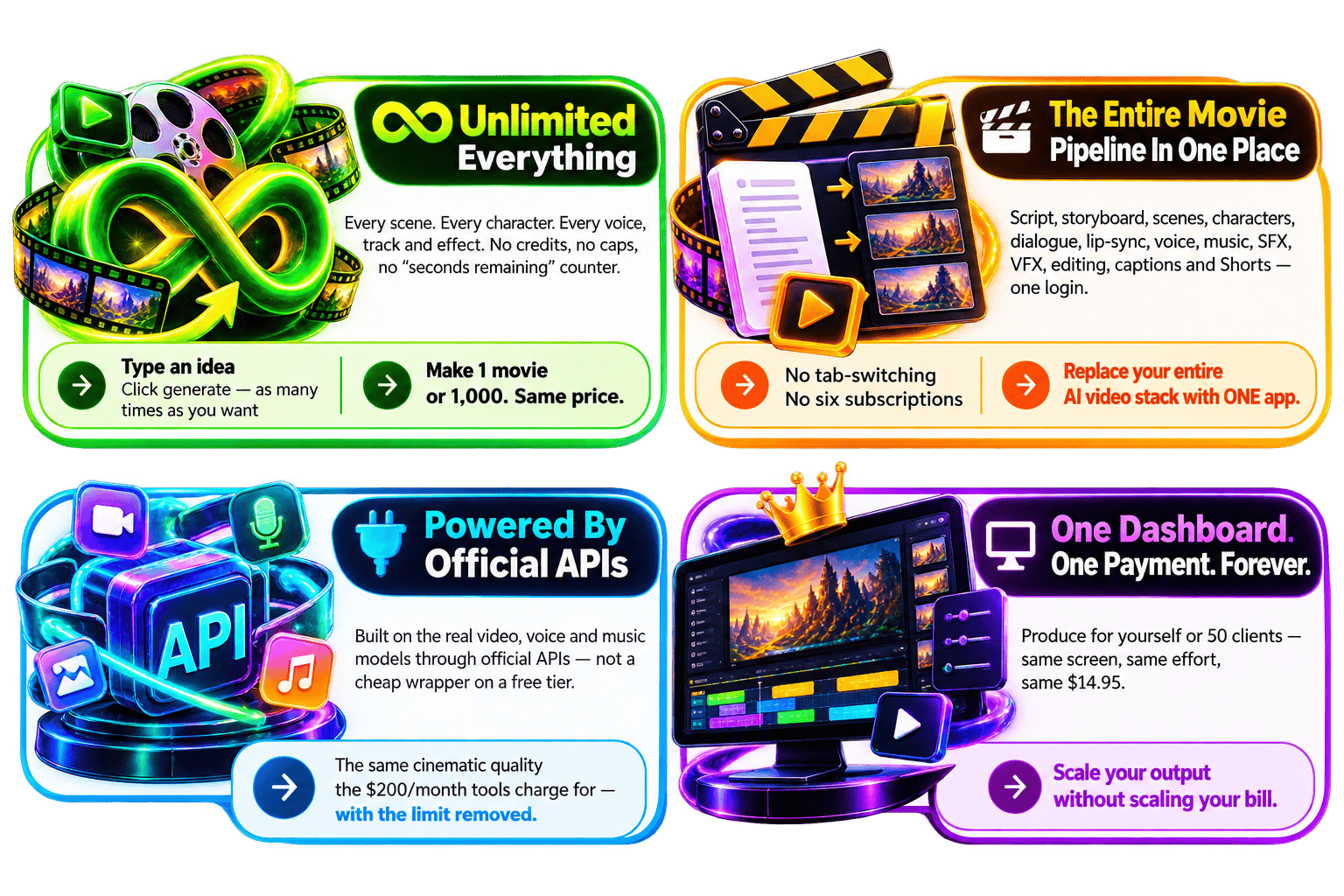 AiMovie Maker Unlimited Edition four-panel AI video generation showcase