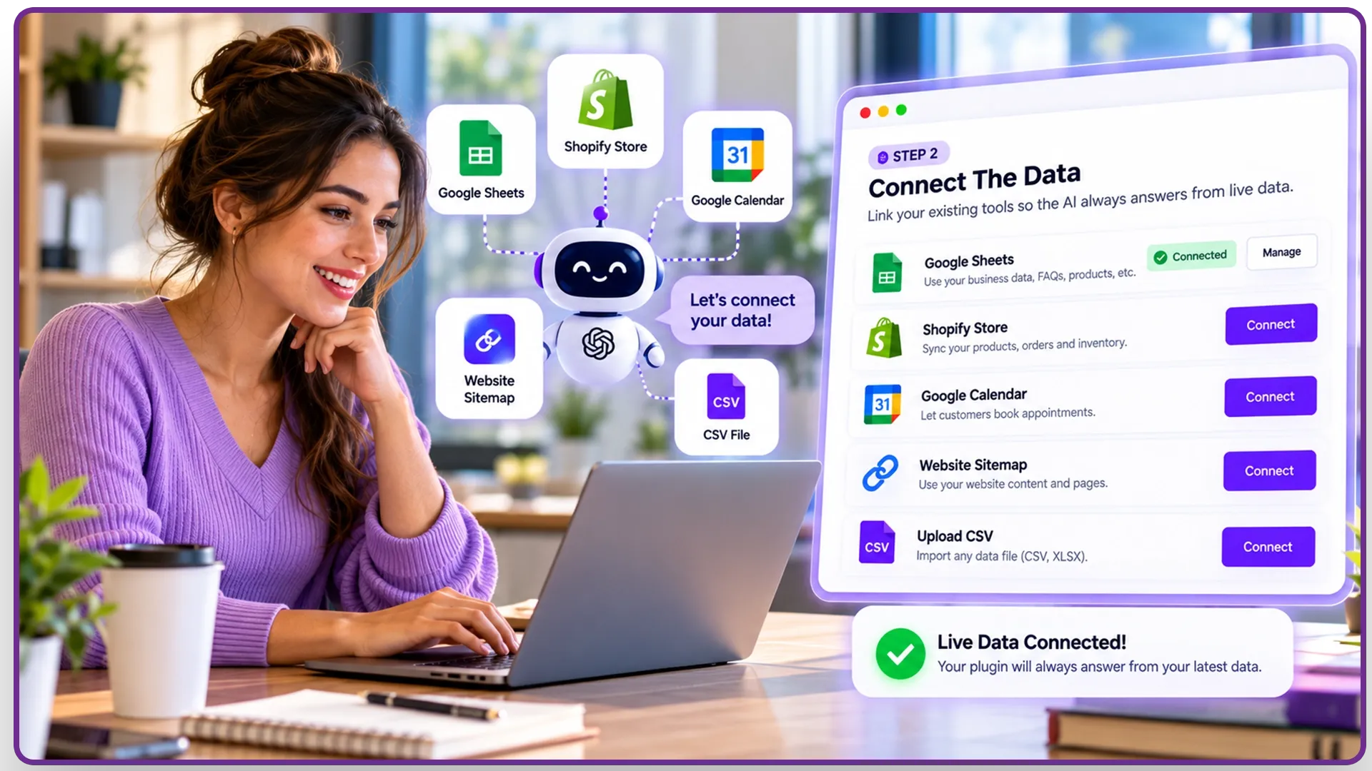 BizInGPT Step 2 workflow connecting live data from Google Sheets, Google Calendar, Shopify, or CSV
