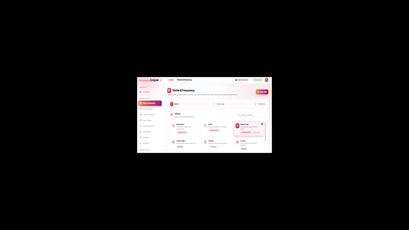 Step 1 choosing a proven faceless niche and posting frequency inside Faceless Empire AI