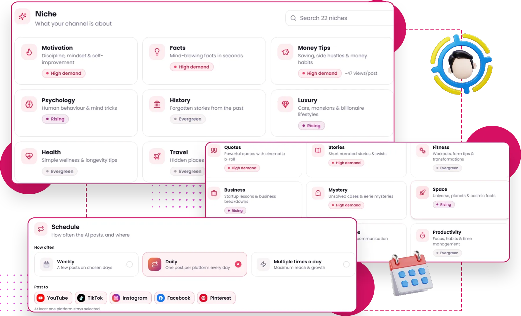 Faceless Empire AI Smart Niche Setup and AI Faceless Video Creator interface