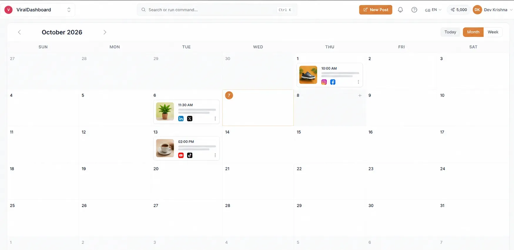 ViralDashboard Visual Content Calendar showing scheduled multi-network posts