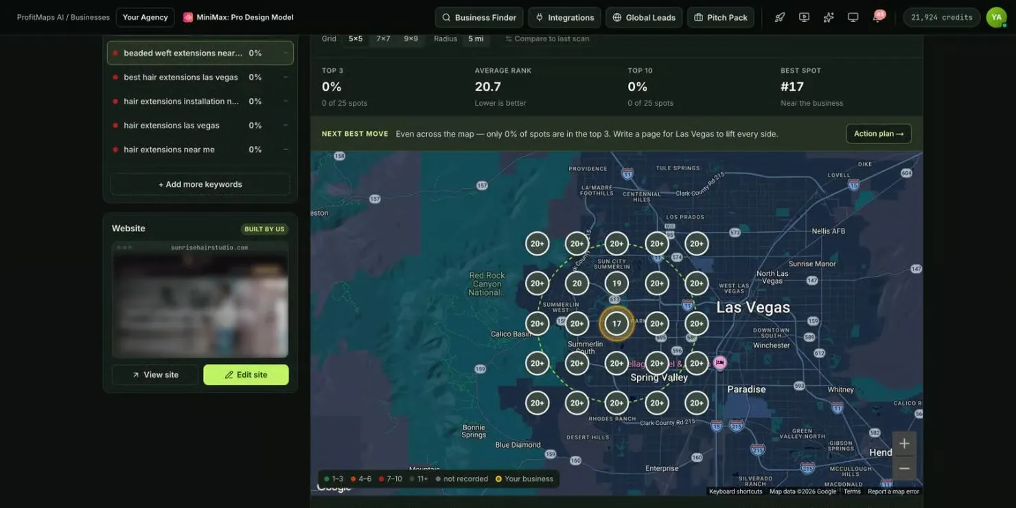 ProfitMaps AI 5x5 Google Maps grid scan over Las Vegas showing rank positions across 25 spots