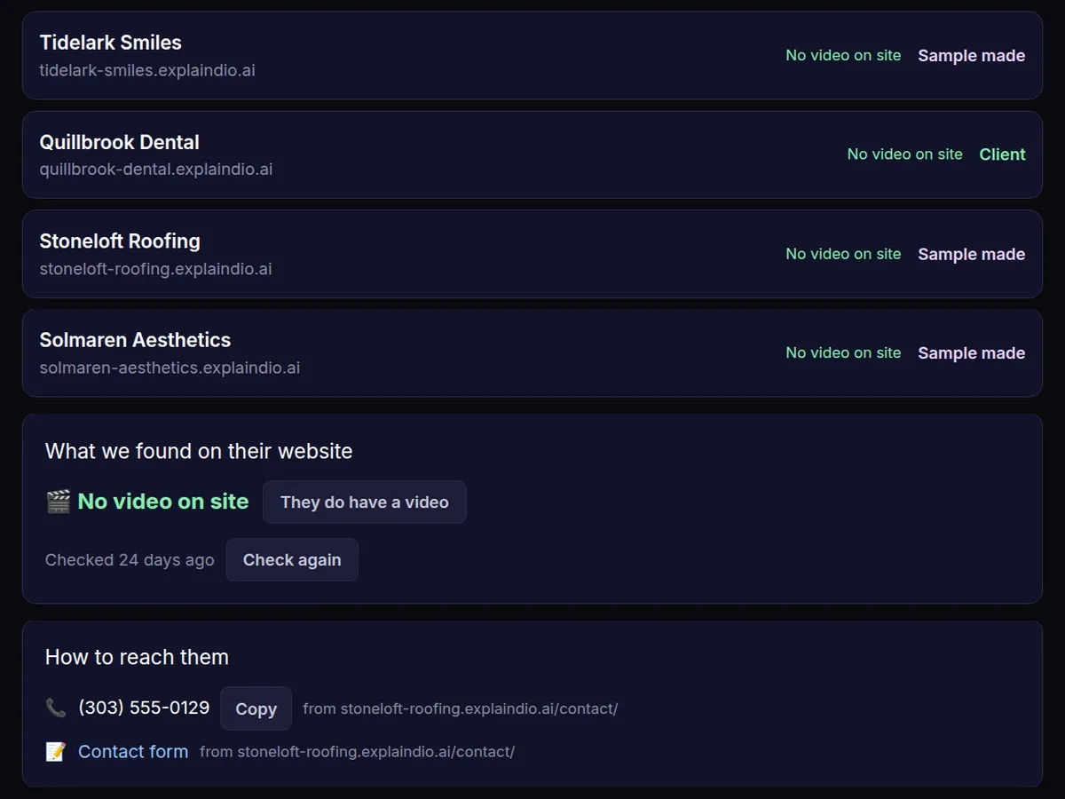 Explaindio 5 AI Step 1 business finder scanning local websites for missing videos and extracting contact details