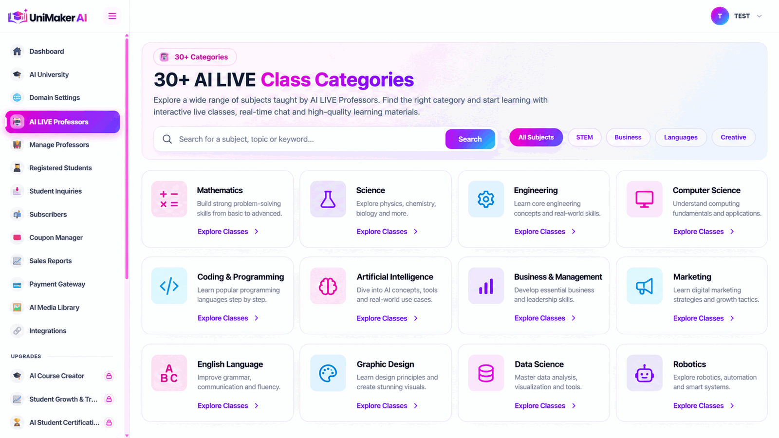 30+ AI Live Class Categories inside UniMaker AI