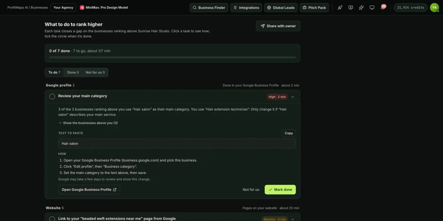 ProfitMaps AI plain-English action plan and numbered SEO to-do list generated from map scan data