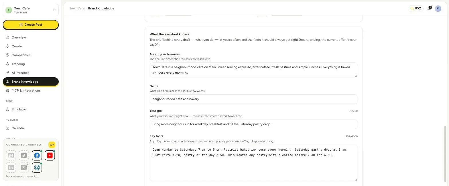 Postonomous Brand Knowledge dashboard showing extracted logo, brand colors, tone of voice, and verified business facts