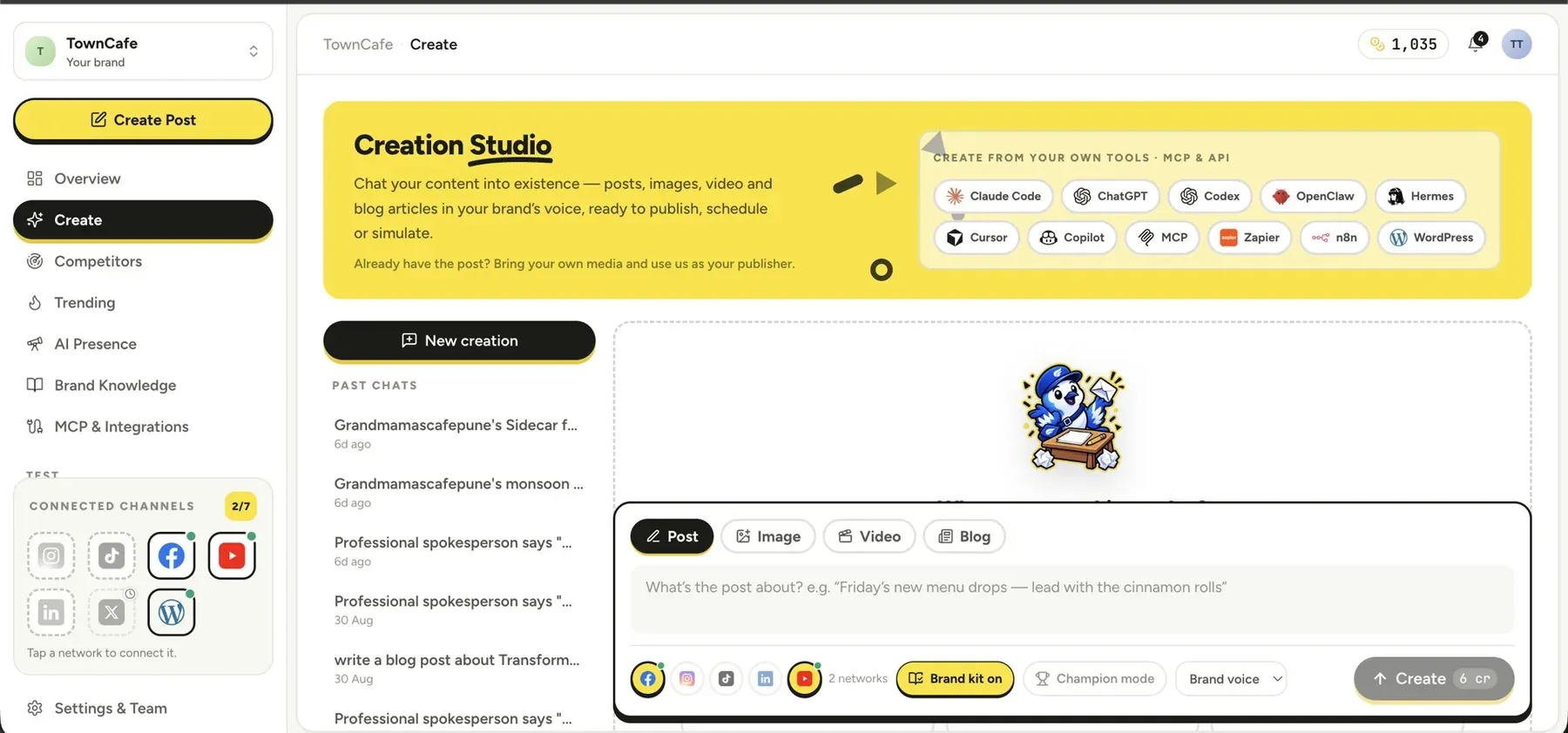 Postonomous chat-first Creation Studio interface creating native social posts, images, videos, and blog articles