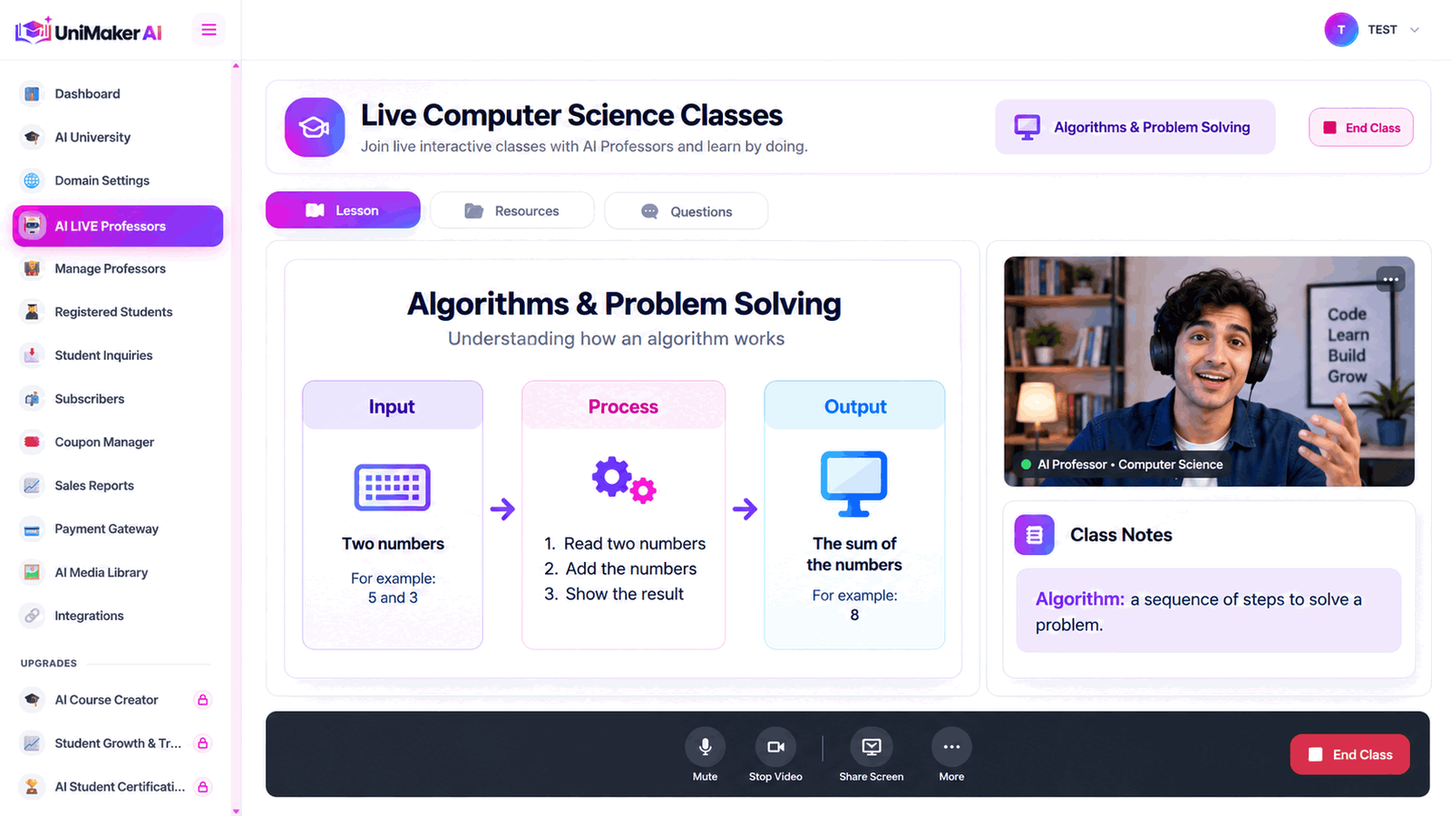 UniMaker AI Live Computer Science Classes module