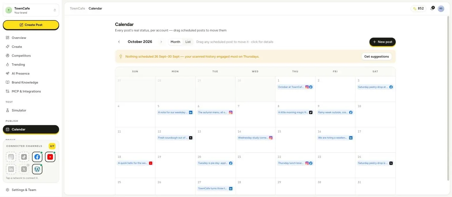 Postonomous unified social media publishing calendar showing scheduled posts across Facebook, Instagram, TikTok, YouTube, LinkedIn, and X