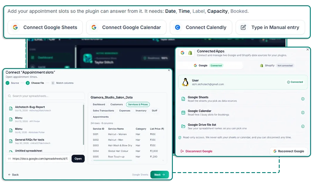 BizInGPT Live Data Connectors feature linking Google Sheets, Google Calendar, Shopify, Sitemaps, and CSV files