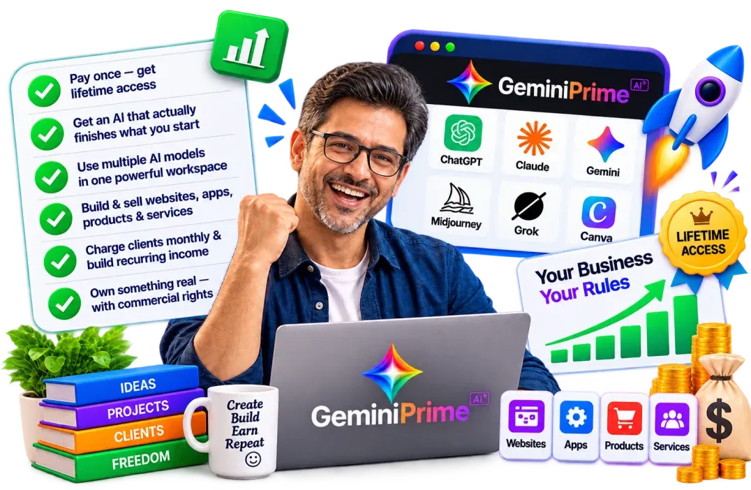 Supplied launch graphic illustrating two contrasting buyer paths for GeminiPrime AI