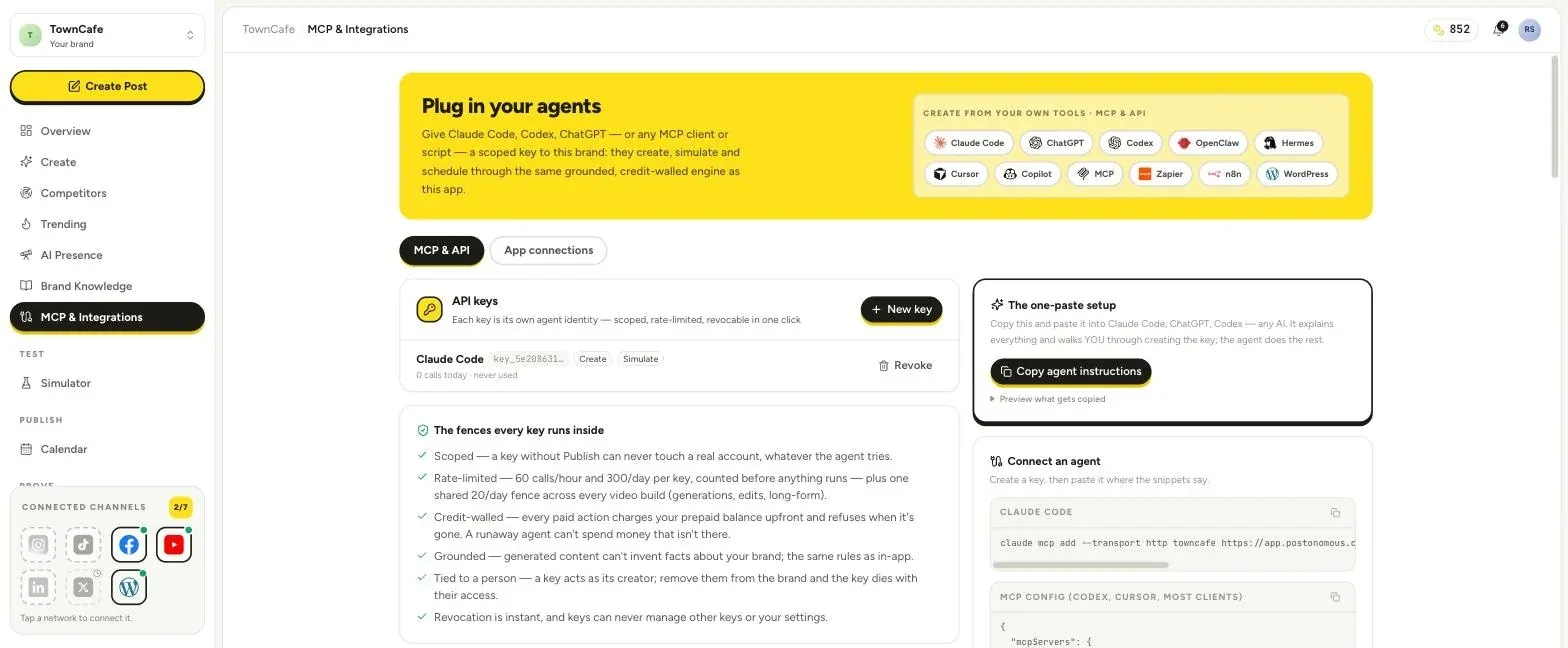 Postonomous MCP and REST API integrations screen connecting Claude Code, ChatGPT, Codex, Cursor, OpenClaw, and Hermes