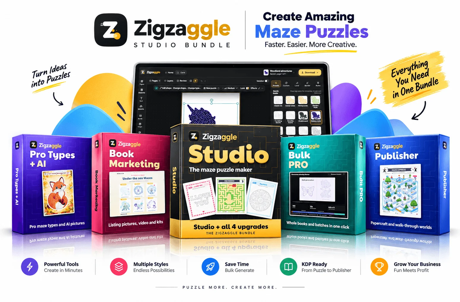 Zigzaggle Studio software box and desktop editor showcase for KDP maze books and printables